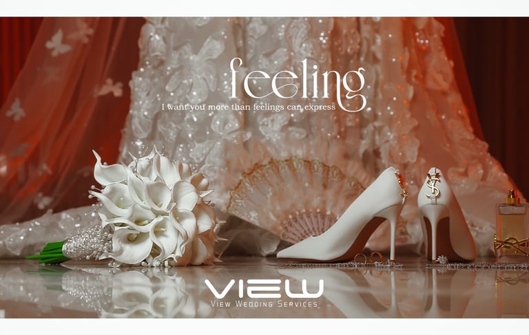 Elegant bridal accessories including white stiletto heels, a calla lily bouquet, and a lace wedding dress.