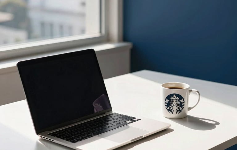 A modern South American Brazilian office workspace in São Paulo, minimalist desk with a clean laptop and a designer coffee mug, natural sunlight streaming through a window, palette featuring navy blue and off-white tones, professional and focused atmosphere.