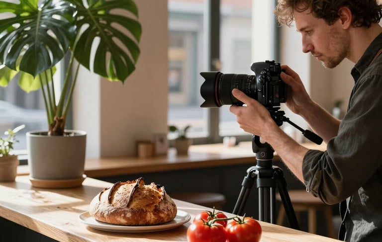 A professional photography shot of a cozy Scandinavian-style cafe interior in Copenhagen. A content creator is seen from the side, focused on adjusting a camera on a tripod to photograph a rustic sourdough bread and fresh heirloom tomatoes on a wooden counter. Warm morning sunlight filters through large windows, highlighting the Deep Ripe Crimson color of the tomatoes and the Matte Forest Green of a potted plant nearby.