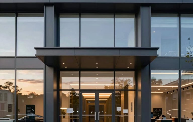 A professional architectural photography shot of a modern, clean commercial building entrance in a Central European city at sunset. The soft warm lighting reflects off glass surfaces, conveying a sense of 25 years of excellence and reliability in building services. Deep navy blue accents are visible in the distance.