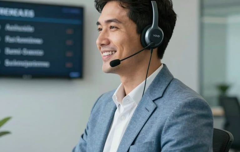 A high-end professional office space in Brazil with clean lines, featuring a Sul-Americano / Brasileiro professional in a soft blue blazer using a modern VOIP headset while smiling, blurred real estate listings on a screen in the background, soft morning lighting, corporate and efficient mood with light grey and dark green-blue tones.