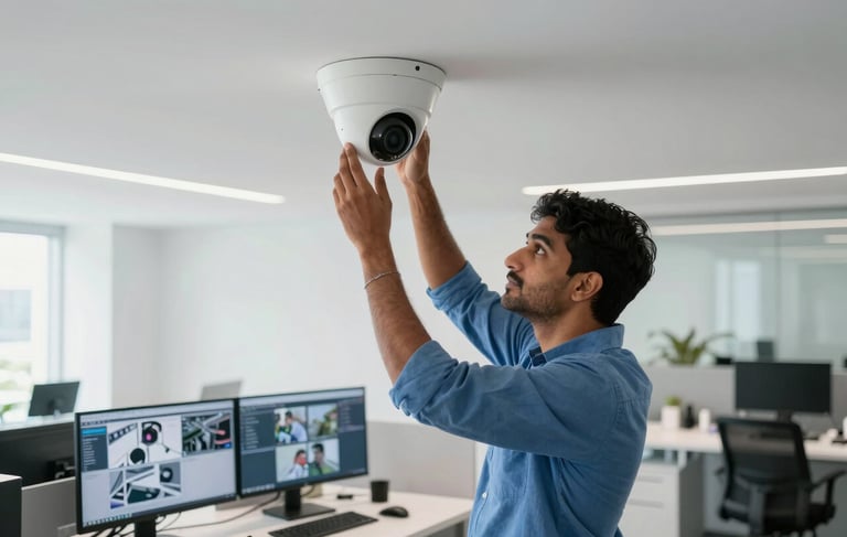 A high-angle professional photograph of a modern tech office in a South Asian / Indian city. A professional technician in a blue button-down shirt is adjusting a sleek, white dome CCTV camera on a ceiling. The background features a clean, bright workstation with dual monitors showing security grids. Lighting is bright and natural. Colors include Cloud White and Silver Blue.