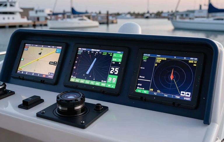 A clean, professional photograph of a premium yacht console featuring multiple high-definition marine navigation screens displaying sonar and radar data. The setting is modern and technical, with a focus on precision electronics. Soft twilight lighting in the background of a marina. Global / Maritime setting. Palette colors used: dark blue and white.