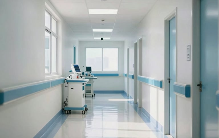 Photography of a modern and clean hospital hallway in Brazil, with bright natural light reflecting on polished floors, medical equipment in the distance, a professional and reassuring atmosphere with mist white and sky blue accents.