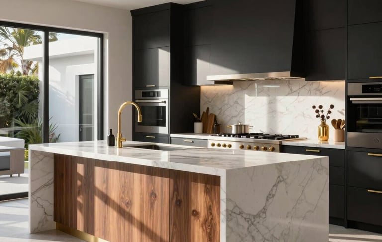A high-end modern kitchen in a Los Angeles home featuring a massive white marble waterfall island, matte black cabinetry with warm wood accents, and luxury integrated appliances. The scene is bright with North American afternoon sun, highlighting gold hardware and sophisticated architecture.