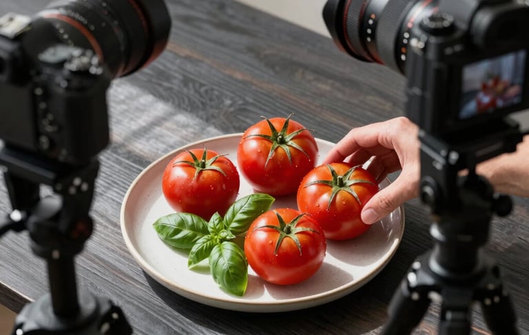 A top-down lifestyle photography shot in a bright, Scandinavian-style studio in North America. A professional content creator is arranging vibrant red heirlooom tomatoes (Deep Ripe Crimson) and fresh basil leaves (Matte Forest Green) on a Crisp Parchment colored ceramic plate. Natural morning light creates soft, high-contrast shadows on a dark charcoal wooden table. A high-end mirrorless camera on a sleek tripod is partially visible in the frame.