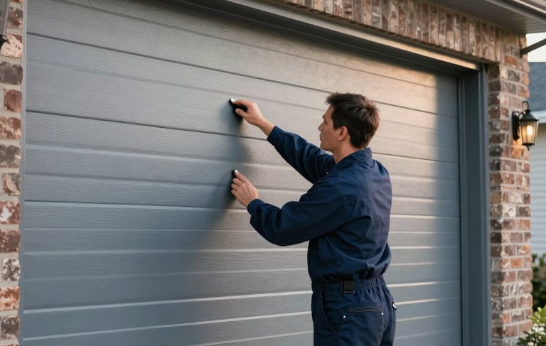 Professional photography of a technician in a dark blue uniform inspecting a modern steel garage door on a brick North American / Canadian home. Soft morning light, clean composition, focusing on the reliable service work and local residential setting.