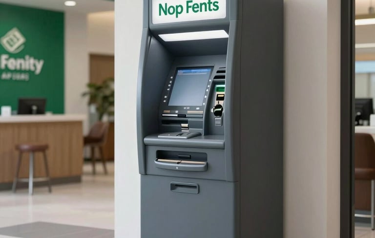 A high-quality, professional photograph of a modern ATM machine situated in a clean, upscale North American commercial lobby with money green accents in the decor and soft light gray floors. The atmosphere is professional and trustworthy.