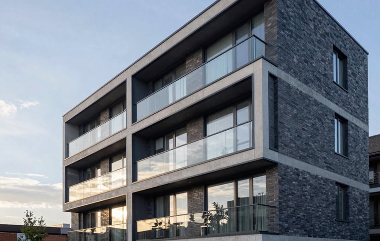 A high-end architectural photograph of a modern residential development project in Newcastle. The building features clean lines, large glass windows, and premium brickwork under a soft Northern European morning light. Professional and trustworthy atmosphere with a palette of deep blues and pale greys.