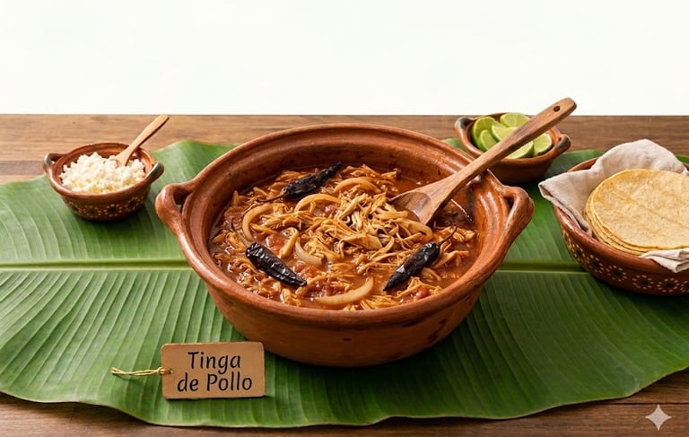 Auténtico guiso mexicano de tinga de pollo desmenuzado en olla de barro con tortillas de maíz y limó