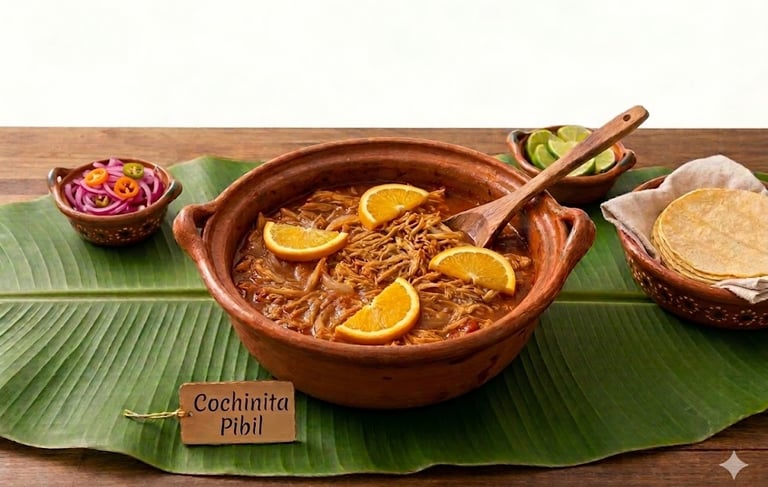 Cochinita pibil tradicional mexicana servida en un tazón de barro sobre una hoja de plátano 
