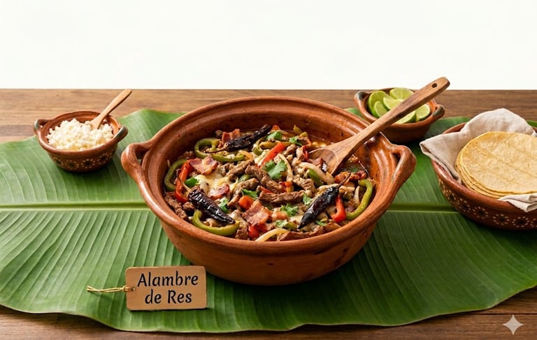 Auténtico Alambre de Res mexicano, preparado en sartén con carne, pimientos y queso, 