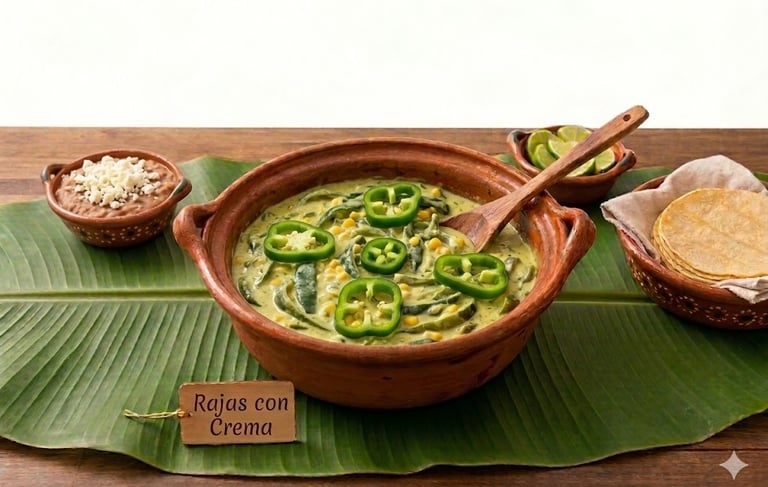 Rajas con crema cremosas con chiles poblanos y maíz, servidas en una olla de barro con tortillas 