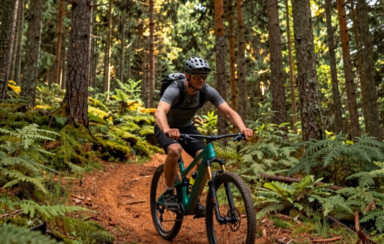 A vibrant photography of a mountain biker pausing on a forest trail in the Vosges Region. The sunlight filters through tall pine trees, casting a warm glow on the forest green bike and the rider's gear. The composition is dynamic and inviting, emphasizing the natural beauty of the Remiremont area with sage green foliage and rust orange soil.