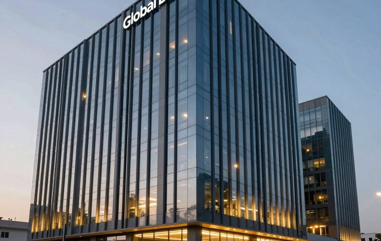 A wide-angle professional photograph of a modern industrial corporate headquarters in Gujarat, India, featuring slate blue architectural glass and warm gold lighting accents at dusk. The scene conveys reliability and global scale, Global B2B / Indian Origin, sharp focus, cinematic lighting.