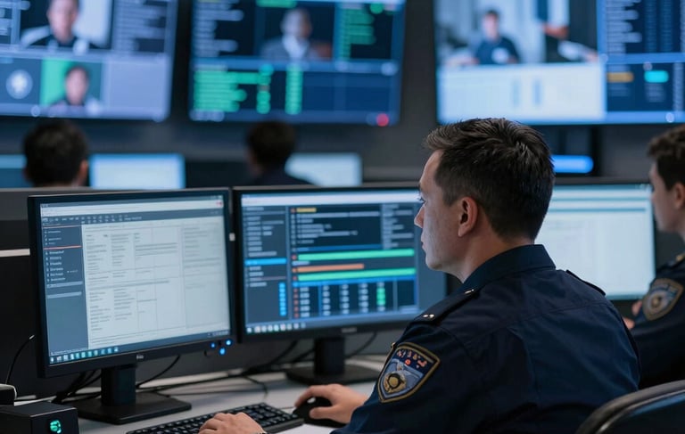 A high-end, modern corporate security operations center in Boston, North American US. Multiple blurred screens in the background showing data streams. A professional setting with soft lighting in deep blue and navy blue tones, suggesting high-tech surveillance and authority.