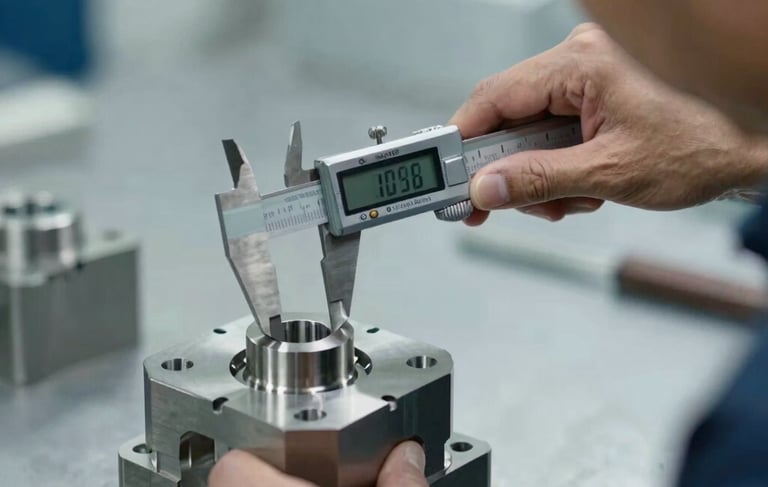 Close-up photography of a professional South American / Brazilian machinist measuring a precision-cut steel component with a digital caliper. The lighting is clean and modern, using slate blue and cool white tones to reflect technical expertise and an industrial environment.