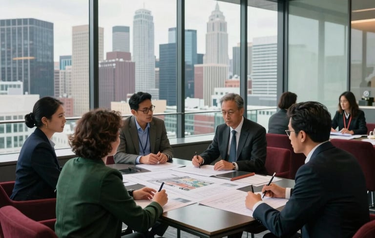 A sophisticated, wide-angle photograph of a modern glass-walled conference room overlooking a North American skyline. A group of professionals are engaged in a serious discussion over commercial architectural plans. The room is accented with deep ripe crimson seating and matte forest green elements, bathed in soft, natural light.