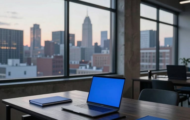 A high-end, minimalist creative agency studio in a North American urban center. Large industrial windows reveal a city skyline at dusk with soft ambient light. The interior setup features a sleek dark wood desk, a professional laptop, and organized notebooks, reflecting an innovative and results-driven environment in shades of deep navy blue, charcoal gray, and bright blue.