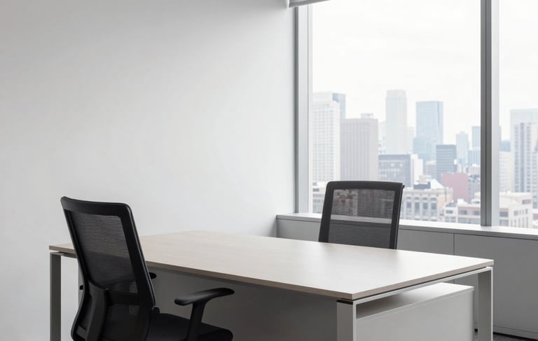 A minimalist, high-end North American office interior in New York. The scene features a clean light gray desk, a charcoal ergonomic chair, and a large window overlooking a soft city skyline. Natural light fills the room, emphasizing a clean and professional atmosphere with a palette of white, light gray, and deep charcoal.