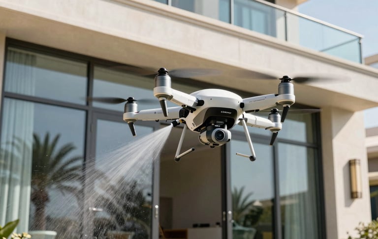 A high-end professional photograph of a white and metallic cleaning drone with the S-Drones logo clearly visible, hovering precisely next to the glass windows of a luxury villa in a prestigious Dubai residential area. The scene is bathed in bright morning sunlight, with crisp reflections of palm trees on the glass. The drone is spraying a gentle stream of purified water, showcasing modern technology in a premium Middle Eastern / Gulf setting.