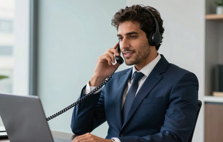 A sophisticated South American businessman in a sharp navy blue tailored suit, sitting in a clean and modern office in São Paulo. He is using a sleek telephone headset, looking professional and friendly. The background features soft natural lighting and minimalist decor in shades of light sky blue and greyish white. High-end photography style.