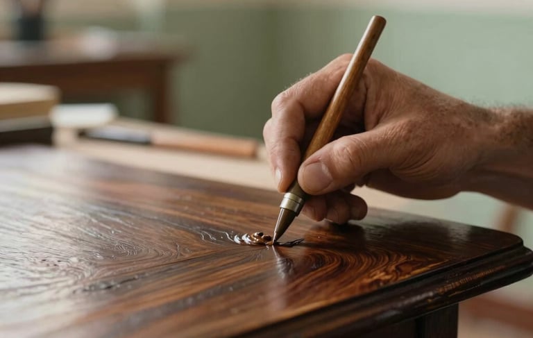Close-up photography of a master restorer's hands carefully applying a traditional wax finish to a dark mahogany wood surface in a sunlit European / Portuguese workshop. The composition is artistic and focused on texture, with soft sage green and warm beige tones in the background.
