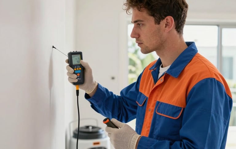 A professional restoration technician in a blue and orange uniform using a moisture meter to inspect a wall inside a North American / Miami, Florida home. Industrial air movers and dehumidifiers are visible in the background. High-quality commercial photography, bright and serious lighting, modern equipment.