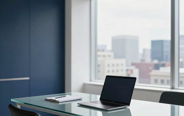 A clean, modern professional office interior in North American / US. Minimalist workspace with white walls and deep navy accents. A high-end glass desk sits in front of a window overlooking a blurred cityscape. Natural light pours in, highlighting a premium laptop and a sleek notepad. The atmosphere is sophisticated and successful.