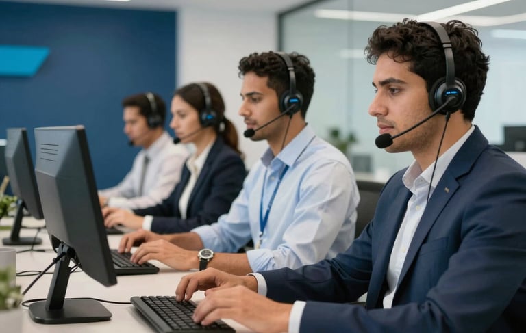 A high-performance customer service environment in a modern Brazilian office. Professional South American attendants with headsets working with focus and agility. The setting is bright and dynamic, featuring dark blue and light blue decor accents that reflect a racing team aesthetic. High-speed, professional atmosphere with sharp focus on service excellence.