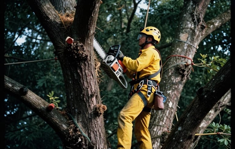 Arborist using a chainsaw to begin removing a tree