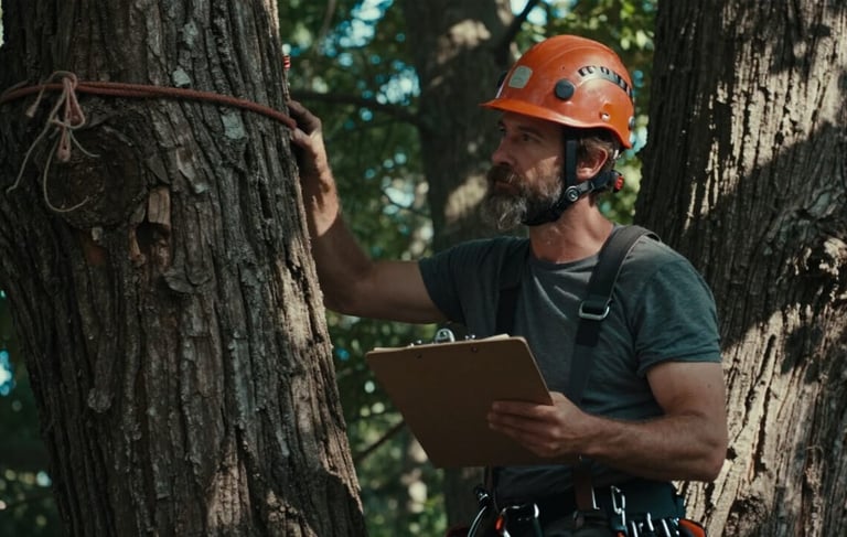 A certified arborist evaluating a tree for health and risk assessment