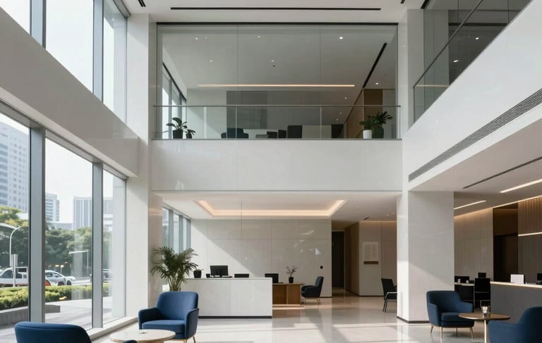 A high-end interior view of a minimalist corporate office lobby in Jakarta, Southeast Asian / Indonesian urban setting. The space features clean lines, high ceilings, and polished surfaces in white and light gray tones. Natural sunlight streams through large glass windows. Accents of deep blue and medium blue are visible in the elegant furniture and architectural details. Professional architectural photography.