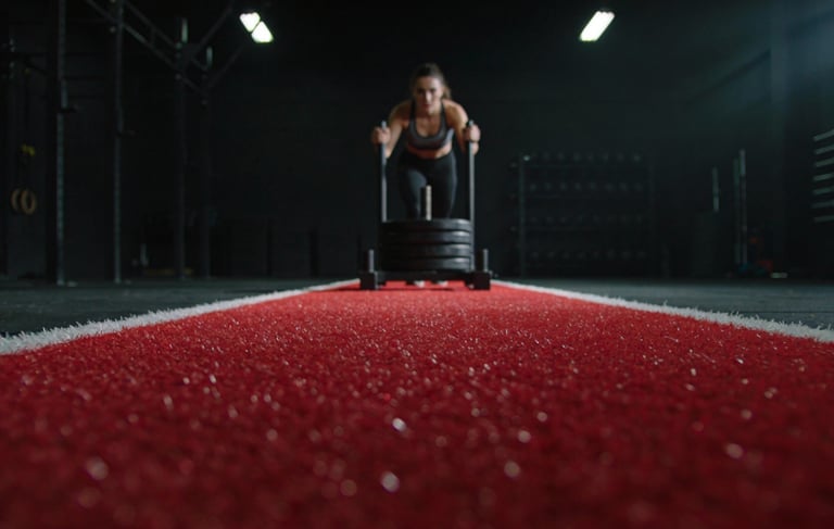 Heavy-duty indoor gym turf installation in Stuart, FL, featuring a high-traction red synthetic