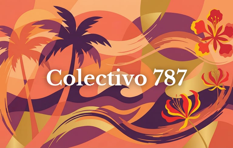 Tropical Colectivo 787 graphic art with palm trees, hibiscus flowers, and ocean waves.
