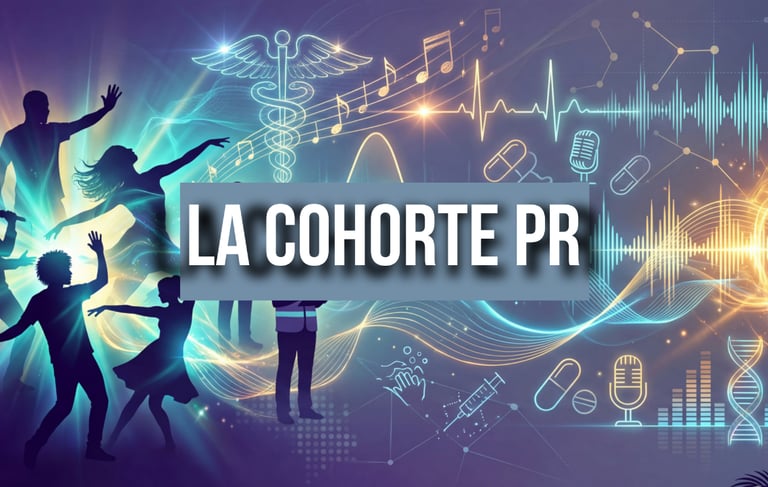 Silhouettes of people dancing with medical symbols and music notes for La Cohorte PR event.