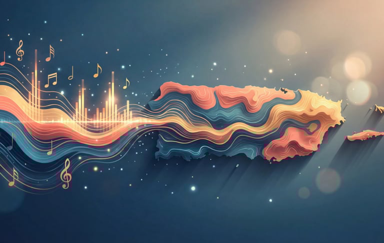 Abstract artistic map of Puerto Rico featuring flowing music notes and glowing sound waves.