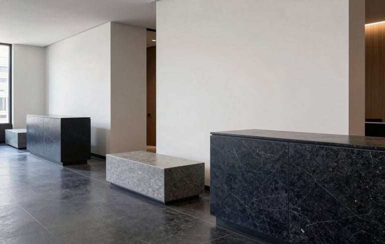A clean, modern photography shot of a high-end minimalist office lobby in Chicago, North American / US. The scene features polished dark navy stone surfaces and off-white walls with sleek slate gray furniture. Soft, natural morning light creates a professional and sophisticated atmosphere with clear lines and deep focus.