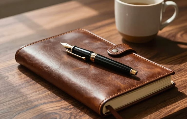 A sophisticated still life photography of a dark walnut desk in a sunlit North American study. A high-quality brown leather journal and a classic fountain pen rest next to a simple beige ceramic cup. The lighting is warm and natural, creating a mood of comfort, masculine elegance, and sincere connection. No graphics or text.