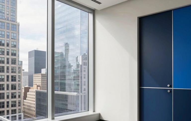 Professional high-end office interior in a New York skyscraper, North American / US style. Large glass windows with a cityscape view, clean off-white walls, and sleek navy blue and medium blue accents. The lighting is bright and natural, creating a trustworthy and efficient atmosphere. High-quality architectural photography.