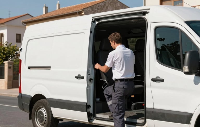 Clean and professional photography of a white transport van parked in a sunny residential street in Santander, Spain. A professional worker in neat attire is closing the back door of the van. The scene is bright and conveys reliability and efficiency. Deep blue and soft light blue sky in the background.