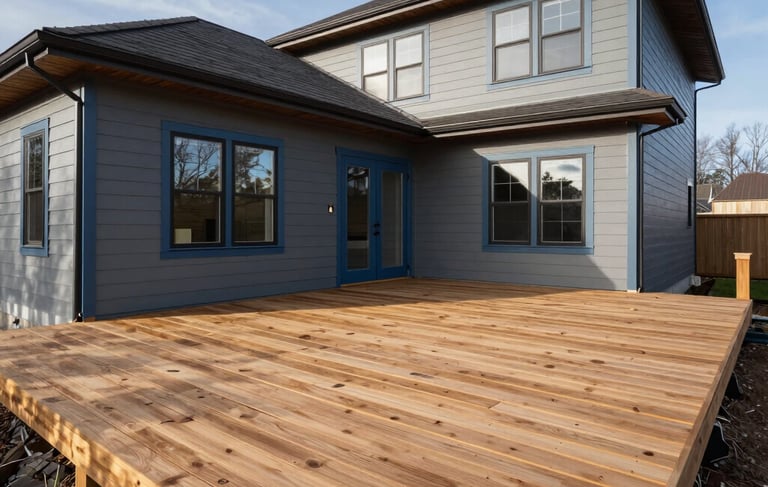 A crisp, professional wide shot of a newly constructed modern North American house featuring a spacious custom timber deck. The lighting is bright and clear morning sun, highlighting the high-quality craftsmanship and wood textures. The color palette includes slate gray siding and steel blue trim accents. North American / US architectural setting.