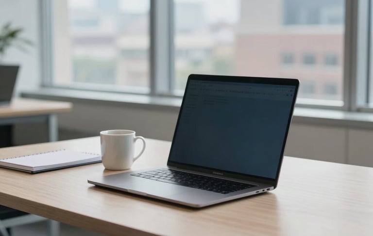 A professional North American / US office setting during the day. A clean, modern minimalist wooden desk features a sleek laptop, a white ceramic coffee mug, and a small notebook. Large windows in the background reveal a blurred urban landscape. The lighting is soft and natural, emphasizing a modern work environment with steel blue and off-white color tones.