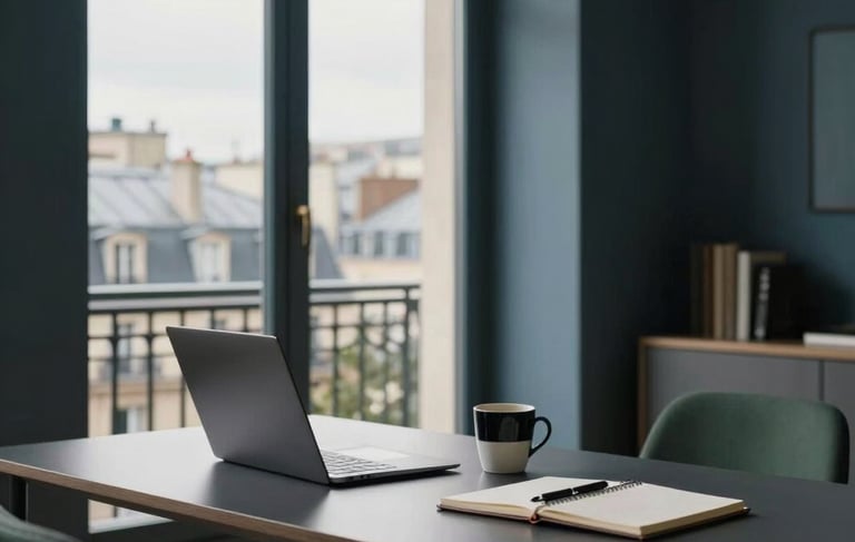 A high-end, contemporary workspace in Paris, France. A minimalist desk featuring a laptop, a coffee mug, and a notebook, with a view of Parisian rooftops through a large window. The atmosphere is professional and bright with soft natural daylight. Colors include dark charcoal, muted blue, and slate green.