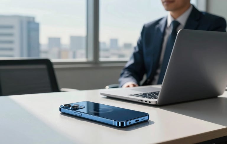 Photography of a professional South American business environment, a clean and modern office desk in Sao Paulo featuring a high-end smartphone and a laptop, soft morning sunlight through large windows, deep blue and light blue color palette, professional and trustworthy atmosphere.
