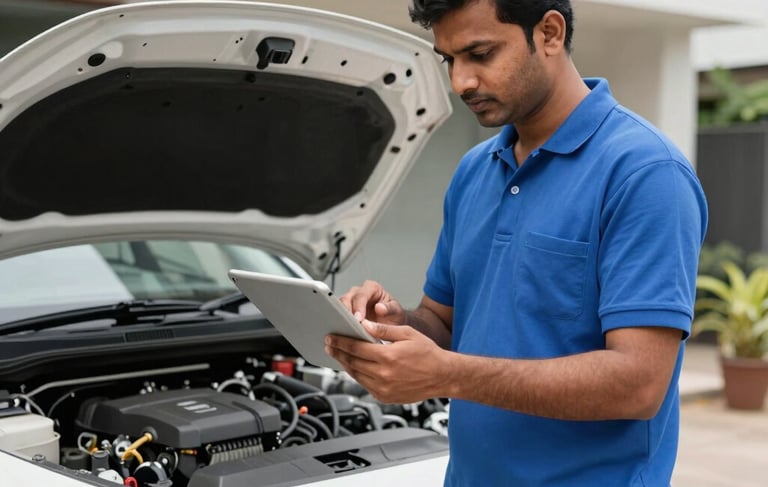 A professional South Asian / Indian mechanic using a tablet to diagnose a white sedan in a clean, modern driveway in Bangalore. He is wearing a professional blue polo shirt. Bright daylight, cinematic photography, sharp focus on the technician.