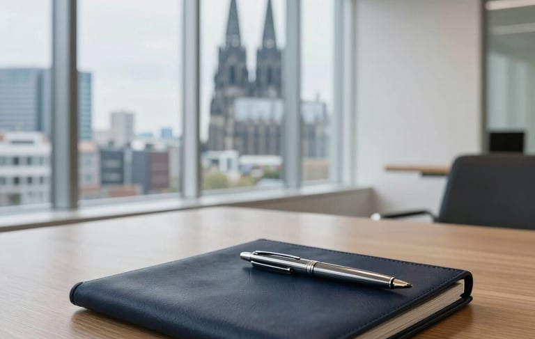A sophisticated and minimalist office interior in Cologne, Germany, reflecting professional asset management. A large window overlooks the skyline. On a polished wooden table sits a dark navy leather portfolio and a premium silver fountain pen. The lighting is bright and clear, utilizing a color palette of off-white, muted blue, and navy. Central European setting, architectural photography style.