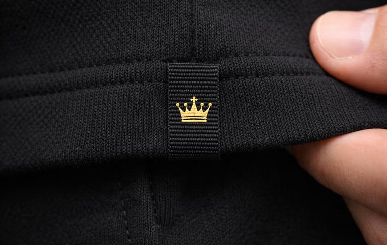 STAN64 luxury black knit garment featuring STAN64 gold crown embroidered on a woven tag.