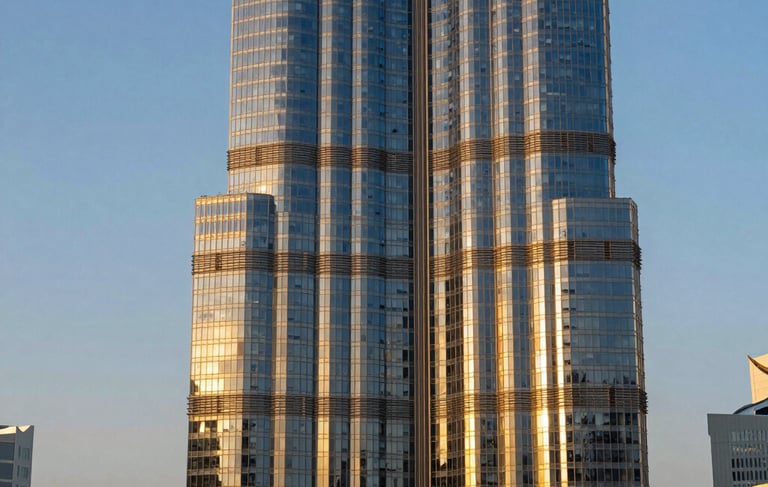 A high-end, professional architectural photograph of a luxury skyscraper in Business Bay, Dubai, UAE, during the golden hour. The building's reflective glass facade mirrors a warm sunset, and the sophisticated urban landscape conveys international business excellence and prestige. The color palette features deep blues and elegant gold reflections.