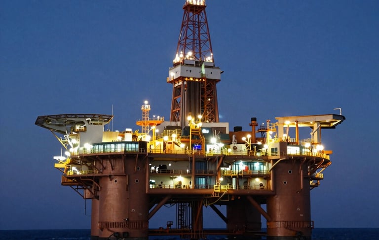 A wide-angle professional photograph of a modern offshore oil drilling platform at dusk. The scene is illuminated by warm bronze and gold safety lights contrasting with a deep navy blue sky and dark ocean waves. International / Global setting, depicting powerful engineering and modern efficiency.